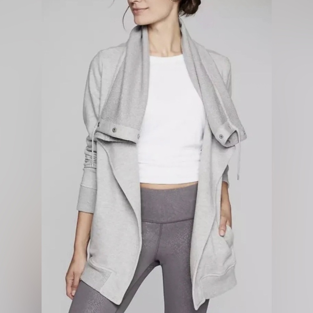 Athleta Wrappers Delight Gray Snap Cowl Cardigan Split French Terry Draped